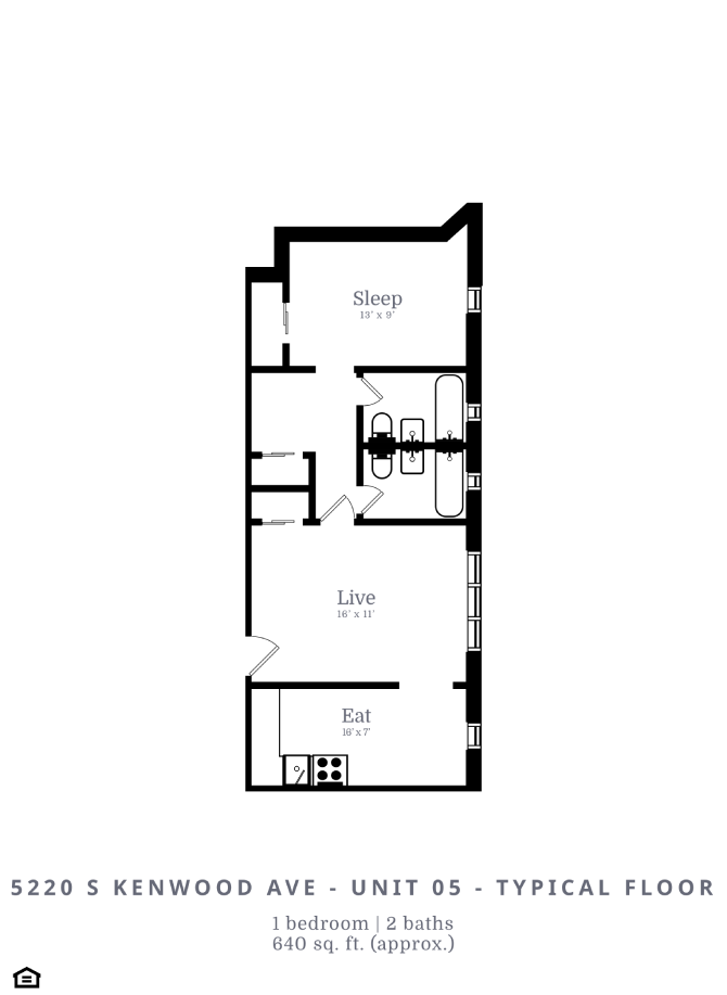 Floor plan for 1 bed, 2 baths, 640 sqft
